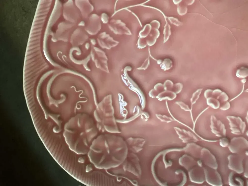 Bordallo Pinheiro Pink Majolica Floral Embossed Oval Platter Made in Portugal